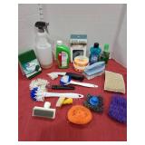 Scrub brushes and household cleaning products.