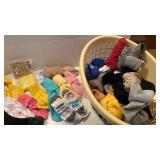 Socks, some new, all sizes with basket