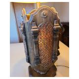 Spanish revival style table lamp in wood with plastic amber panels, lighting in upper and lower sections, 46in tall