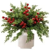 Watayo 60 Pcs Christmas Artificial Pine Branches with Red Berry Stems, 10.5" Faux Evergreen Norfolk Pine Cypress Leaves Stems, Fake Foliage Pine Needles Picks for DIY Craft Garland Home Decor