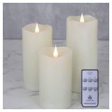 TECHLONG Flickering Flameless Candles with 3D Moving Flame Set of 3(H 5" 6" 7" x D 3"), Last 1000+ Hours Battery Operated Candles with Remote Timer, Ivory Real Wax Electric LED Pillar Candles