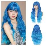 Long Blue Wavy Wig With Bangs for Women 26 Inch Curly Wavy Wig With Bangs Natural Looking Synthetic Heat Resistant Fiber Wig for Daily Party Use