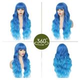 Long Blue Wavy Wig With Bangs for Women 26 Inch Curly Wavy Wig With Bangs Natural Looking Synthetic Heat Resistant Fiber Wig for Daily Party Use