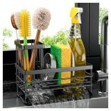 Cisily Sink Caddy Sponge Holder for Kitchen with Brush Holder and Stainless Steel Self Drain Tray, Rustproof Kitchen Sink Organizer for Sponge, Soap Dispenser Storage Accessories (Black)