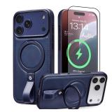BUTAIGA for iPhone 17 Pro Case Leather | iPhone 17 Pro Leather Case with Stand | Compatible with MagSafe with Magnetic Ring Grip Holder (Blue, IP17 Pro-6.3inch)