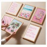 KKP Pink Coastal Poster Set of 6 Preppy Beach Themed Wall Art Beachy Painting Picture Wall Decor Shell Palm Trees Beach Umbrella Ptint Artwork for Teen Girls Dorm Bedroom Apartment 8x10 in Unframed