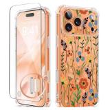 GVIEWIN for iPhone 17 Pro Case with Screen Protector, Upgraded [Full Camera Protection] [Non Yellowing] Floral Slim Shockproof Clear Women Phone Cover for iPhone 17 Pro 6.3" (Blooming Floweret/Orange)
