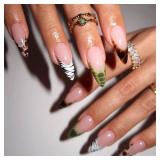 French Tip Press on Nails Almond Fake Nails with Animal Print Designs Leopard Zebra Tortoise False Nails Glossy Glue on Nails Acrylic Nails Full Cover Long Stick on Nails for Coquette Women 24Pcs