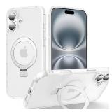 CHAOFEnG Magnetic Compatible with iPhone 16 Case with Stand [Military Grade Drop Tested][Compatible with Magnet] Ring Translucent Slim Hard Back Soft Edge, Frost White