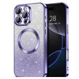 Hython for iPhone 16 Pro Max Case Clear Magnetic Glitter Phone Cases [Compatible with MagSafe] Full Camera Lens Protector Slim Gradient Sparkle Luxury Plating Shockproof Protective Cover, Light Purple