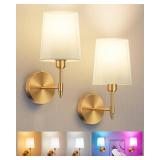 Ouyulong Battery Operated Wall Sconces Set of 2, Wireless Rechargeable Dimmable Wall Light with 5600mAh RGB Bulb and Remote for Bedroom, Living Room, Hallway (Gold)