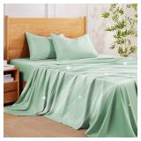 MR&HM Full Size Bed Sheets, 4-Piece Cooling Sheets, Rayon Derived from Bamboo & Polyester Blend, Soft & Silky, 15\" Deep Pockets with Elastic Straps, Hotel Luxury for Hot Sleepers, Sage Green