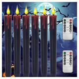 SUNGEGE Flameless Bleeding Candles 6 Pack, Black LED Taper Candles with Red Dripping Wax Effect, 0.8 x 9.9 Inches, Includes 2 Remotes Creepy Halloween Decor for Haunted Houses & Horror Parties