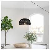 HuisMier Rattan Hanging Lamp Plug in Pendant Light, 15 Ft Hanging lamp with Wicker Woven Basket Lampshade, Dimmable Boho Hanging Lamp for Dining Room Living Room Bedroom, Black