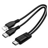 3.3FT Multi Type C Splitter Cable,2 in 1 Multi Charging Cable,USB C to USB C + Lightning Port Compatible with iPhone 15/14/13,iPad Pro/Air,Samsung S24 S23,Moto,Black(Only Charging)