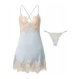 Lilosy Sexy Silk Lace Up Backless Satin Applique Floral Lace Babydoll Lingerie Dress with Tong 2 Piece Women Panty Pajamas Set Chemise Negligee Nighty Night Gown Sleep Wear Blue X-Large