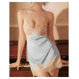 Lilosy Sexy Silk Lace Up Backless Satin Applique Floral Lace Babydoll Lingerie Dress with Tong 2 Piece Women Panty Pajamas Set Chemise Negligee Nighty Night Gown Sleep Wear Blue X-Large