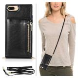 UEEBAI Case for iPhone SE 2022 5G/iPhone 7/iPhone 8/iPhone SE 2020, PU Leather Zipper Wallet Case with Card Holder Slots Crossbody Wrist Strap Kickstand Flip Case Cover for iPhone SE3/SE2 - Black