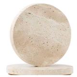 Travertine Stone Coasters Set of 2, 4" Natural Stone Desk Coasters for Drinks with 3mm Wooden Cork Backing, Durable Non-Slip Cup Mats, Table Protection for Coffee, Kitchen, Bar, Wedding