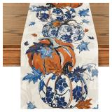 Artoid Mode Pumpkins Maple Leaf Blue and White Porcelain 210 GSM Fall Table Runner, Seasonal Kitchen Dining Table Decoration for Home Party Decor 13x72 Inch