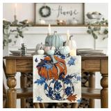 Artoid Mode Pumpkins Maple Leaf Blue and White Porcelain 210 GSM Fall Table Runner, Seasonal Kitchen Dining Table Decoration for Home Party Decor 13x72 Inch