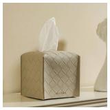 OLETHA Square Tissue Box Cover - Aesthetic Desk Decor for Room, Home & Office - Tissues Cube Boxes Holder - Woven Textured, Light Taupe