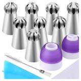 Russian Piping Tips Set, 8 Nozzles Flower Frosting Icing Tips Russian Ball Piping Tips for Cake Decorating Kit, 2 Couplers 30 Pastry Baking Bags 1 Cleaning Brush, 1 Reusable Silicone Bag YLYL