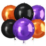 Black Orange Purple Halloween Foil Balloons, 6Pcs 4D Large Metallic Helium Balloon, 22Inch Big Round Foil Balloon for Kids Halloween Birthday Graduation Wedding Baby Shower Disco Backdrop Supplies