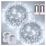 POTIVE 2 Pack White Battery Powered Christmas Lights, Each 33ft 100 LED Battery Operated String Lights Outdoor Waterproof with Remote, 8 Modes Twinkle Fairy Lights for Outside