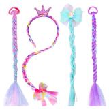 PinkSheep Unicorn Mermaid Glitter Hair Bows Headband With Braided Wig - Rainbow Hair Extension Clips for Little Girls, 4PCS