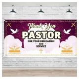 Lofaris Thank You Pastor Banner - 70.8x35.4 Inches Religious Appreciation Sign with Gold Crosses Doves & Bible Elegant Purple and Gold Church Decor
