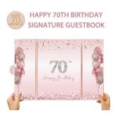 DARUNAXY Rose Gold 70th Birthday Party Decorations, Happy 70th Birthday Alternative Signature Guest Book for Women Pink Cheers to 70 Years Old Gifts 70 Birthday Signing Card Board Party Supplies