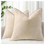 decorUhome Couch Throw Pillow Covers 18x18 Set of 2, Decorative Soft Euro Velvet Neutral Chenille Pillow Covers with Elegant Design for Sofa Bed Living Room Home Decor, Beige