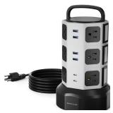 10ft Power Strip Tower JACKYLED Surge Protector Electric Charging Station with 13A 12 Outlets 6 USB Ports Heavy Duty Extension Cord for Home Office Computer Nightstand Laptop Phone White Black