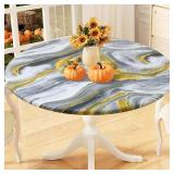 misaya Round Fitted Tablecloth with Elastic Edge, 100% Waterproof Oil Proof Plastic Table Cover, Vinyl Flannel Backed Tablecloth Fits 36"-44" Round Tables for Dinner, Outdoor, Picnic, Grey Gold Marble