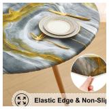 misaya Round Fitted Tablecloth with Elastic Edge, 100% Waterproof Oil Proof Plastic Table Cover, Vinyl Flannel Backed Tablecloth Fits 36"-44" Round Tables for Dinner, Outdoor, Picnic, Grey Gold Marble