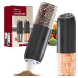Gravity Electric Salt and Pepper Grinder Set Rechargeable, External Adjustable Coarseness, Automatic Salt and Pepper Shakers Mill with LED Light, 6oz/176ml Large Capacity, House Warming Gifts (2 Pack)