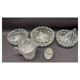 Fostoria Cubist Pattern Creamer and Relish Dishes with Glass Ladles and Crystal Toothpick Holder