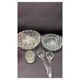 Fostoria Cubist Pattern Creamer and Relish Dishes with Glass Ladles and Crystal Toothpick Holder