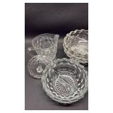 Fostoria Cubist Pattern Creamer and Relish Dishes with Glass Ladles and Crystal Toothpick Holder