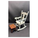 Great Detail! White Wooden Doll Rocking Chair (approximately 12 inches tall) Gold Wire Doll Eyeglasses ( approximately 3 inches wide) and Doll Sized Footstool