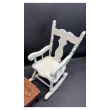 Great Detail! White Wooden Doll Rocking Chair (approximately 12 inches tall) Gold Wire Doll Eyeglasses ( approximately 3 inches wide) and Doll Sized Footstool