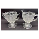 Cream and Sugar Set by Imperial Glass likely between 1927 and the 1930s, pattern known as Frosted Block or Beaded Block