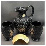 Never Used Vintage Tiara Exclusive Ebony Hobnail Pitcher and Tumblers