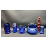 Cobalt Blue Glass Collection with Red Glass Bottle