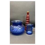 Cobalt Blue Glass Collection with Red Glass Bottle