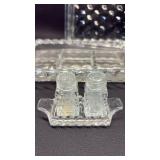 Awesome Fostoria Cubist Pattern Serving Dishes and Trays. Place setting Salt and Pepper shakers and Ashtray