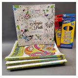 4 COLORAMA BRAND COLORING BOOKS AND 10CT COLORED PENCILS AND 12CT COLORED PENCILS