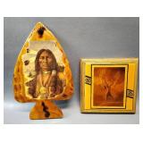 NATIVE AMERICAN PRINT ON WOOD ARROWHEAD, 11" TALL AND RESIN TILE FRAMED IN WOOD 7x7 INCHES