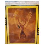 NATIVE AMERICAN PRINT ON WOOD ARROWHEAD, 11" TALL AND RESIN TILE FRAMED IN WOOD 7x7 INCHES